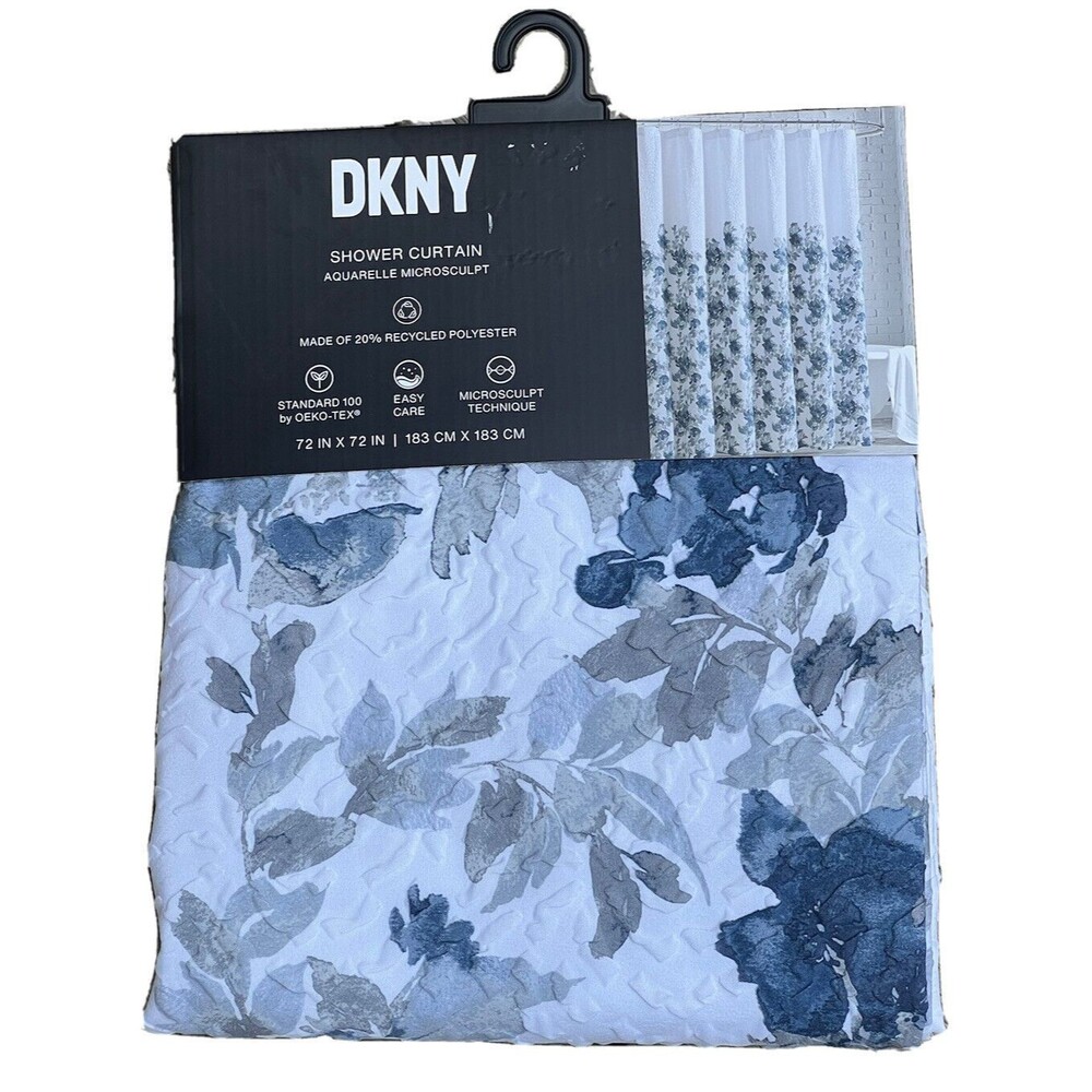 DKNY Fabric Shower Curtain Aquarelle Microsculpt Blue Floral Textured New